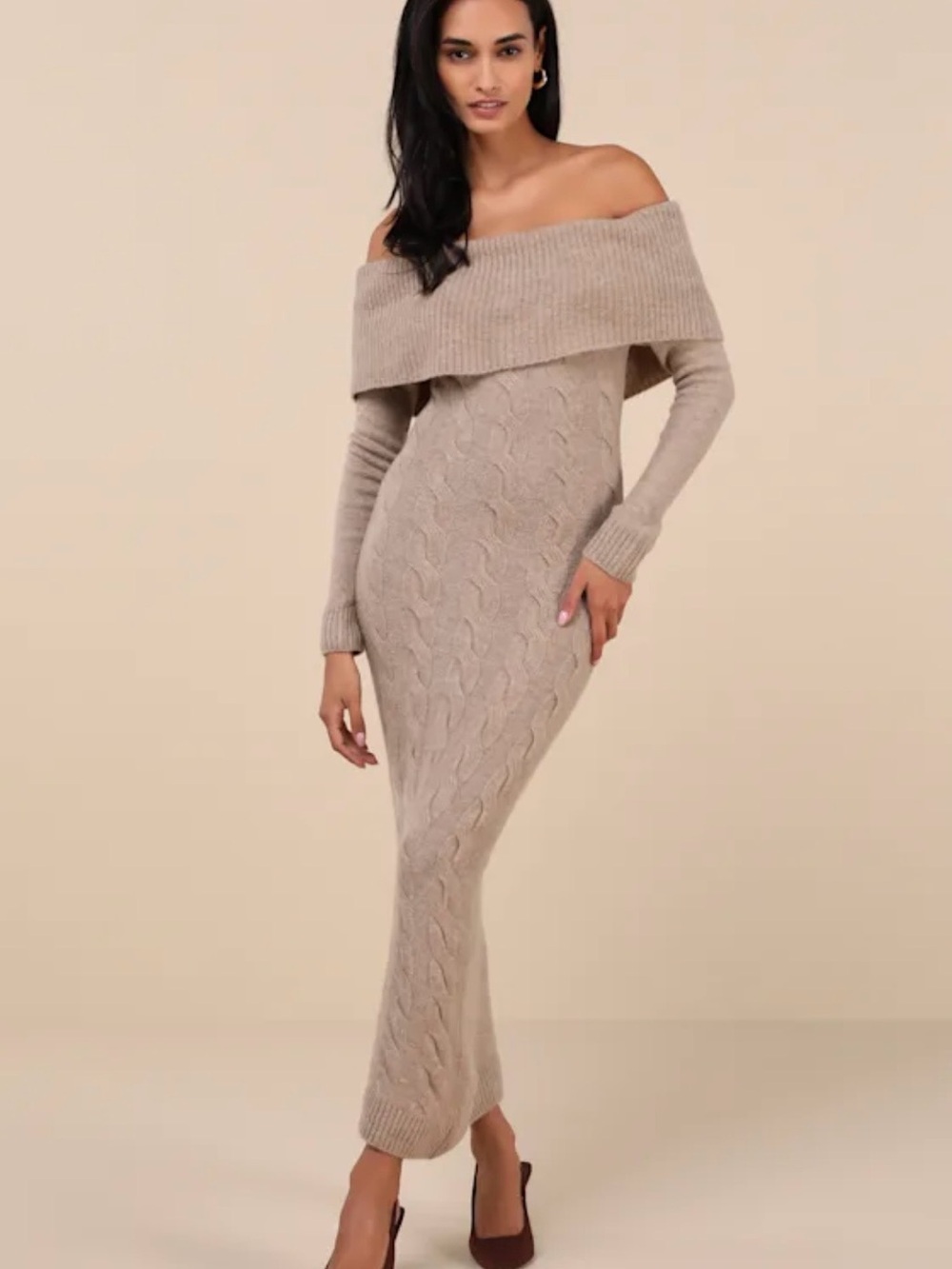 Off-Shoulder Cable Knit Maxi Dress in Taupe
